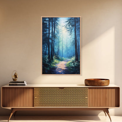 Enchanting Forest Canvas Print, Moody Blue Landscape Painting with Pine Tree Art, Above Sofa Rustic Wall Artwork