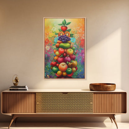 Fruit Pyramid Canvas Print with Whimsical Still Life Art, Vibrant Food Review Wall Art, Rustic Farmhouse Decor for Kitchen or Dining Area