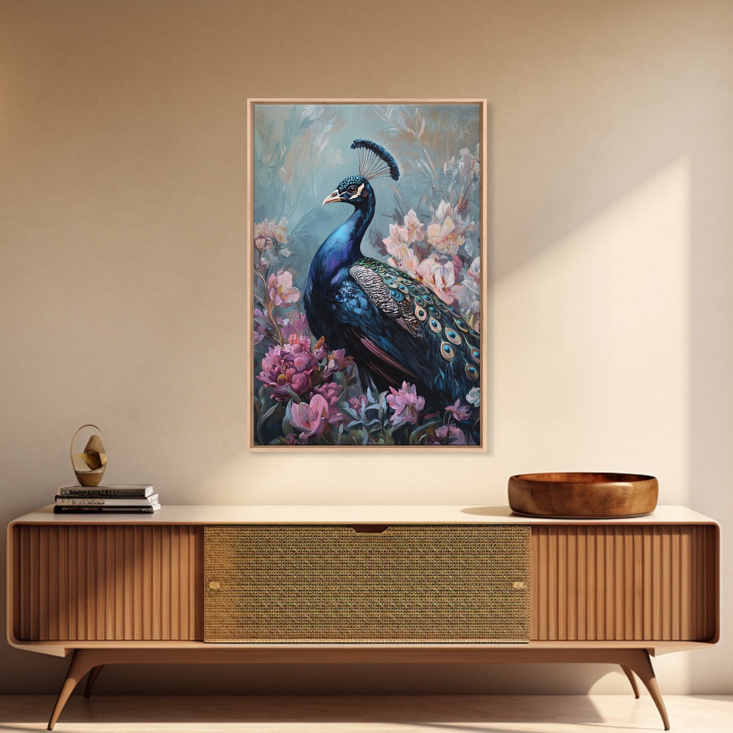 Graceful Peacock Floral Framed Canvas Print | Botanical Bird Art | Chinoiserie Wall Decor | Elegant Tropical Painting | Home Accent