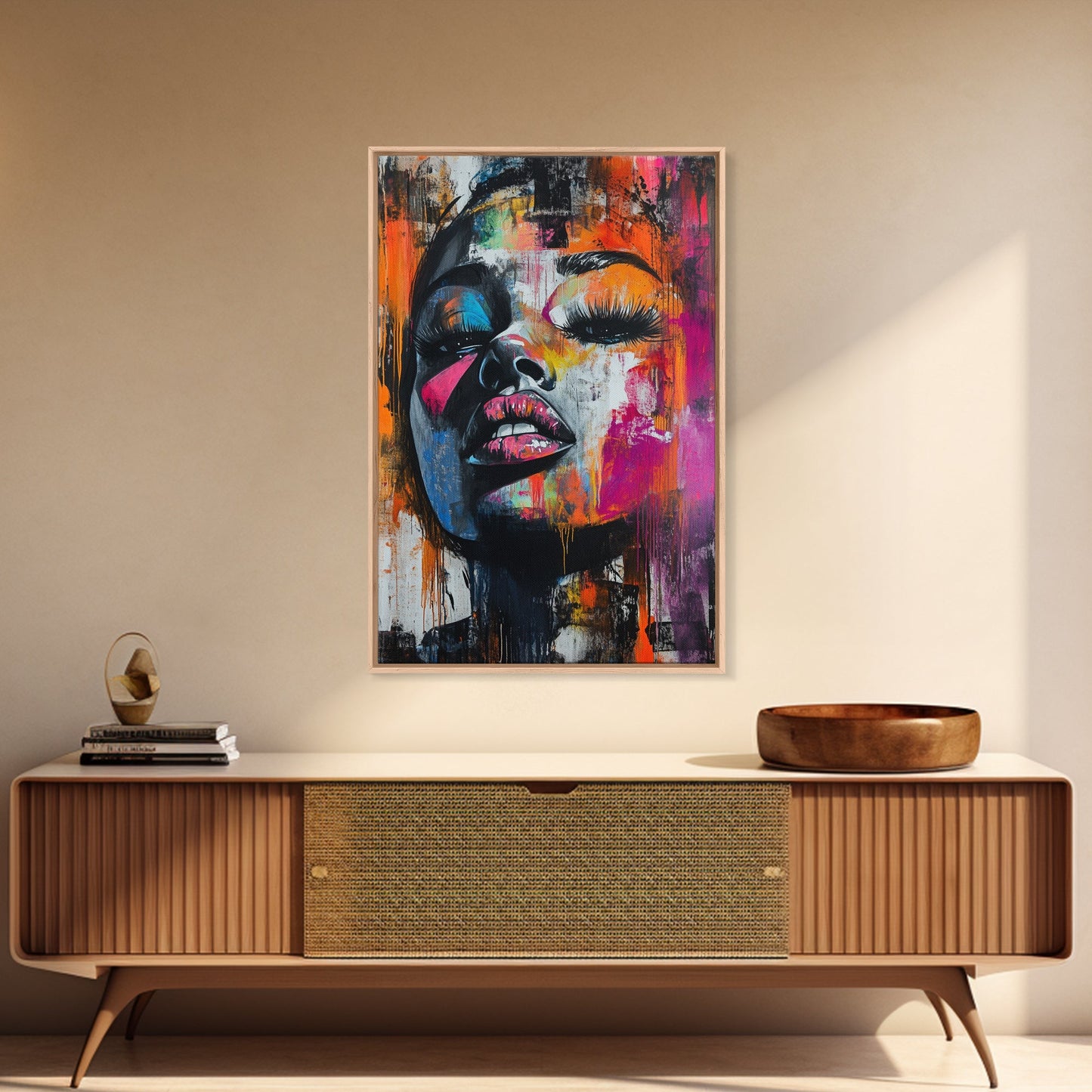 Vibrant Abstract Face Framed Canvas Print, Moody Woman Wall Art, Boho Living Room Decor, Gift Idea for Her, Unique Rustic Art