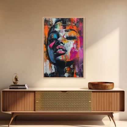 Vibrant Abstract Face Framed Canvas Print, Moody Woman Wall Art, Boho Living Room Decor, Gift Idea for Her, Unique Rustic Art