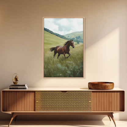 Galloping Brown Stallion Framed Canvas Print Horse Wall Art Rustic Decor Living Room Above Couch Wabi Sabi Style