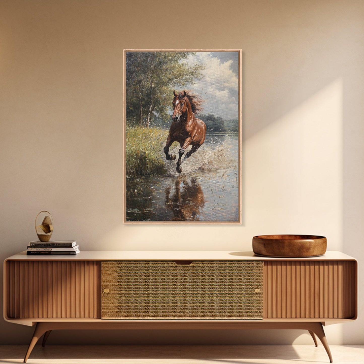 Splashed Stallion Crossing Water Framed Canvas Print Vintage Horse Art Rustic Wall Art Living Room Gift Idea Boho Style