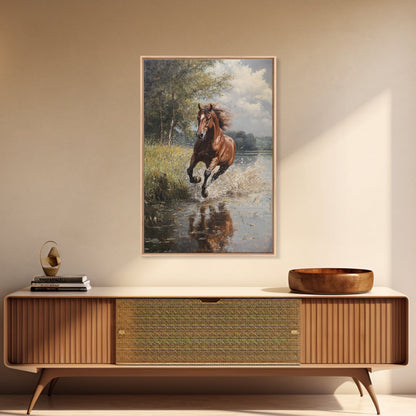 Splashed Stallion Crossing Water Framed Canvas Print Vintage Horse Art Rustic Wall Art Living Room Gift Idea Boho Style