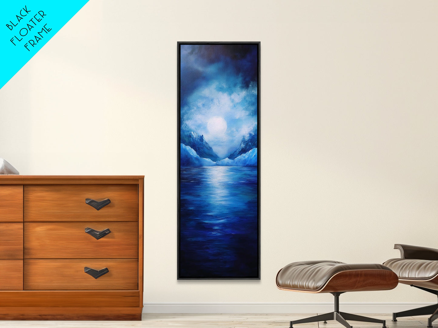 Moonlit Lake, Mountain Painting, Moody Art, Coastal Landscape, Nautical Wall Art, Christmas, Framed Canvas Print