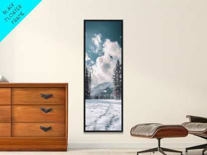 Winter Path, pine tree art, mountain painting, snowy landscape, rustic decor, minimalist art, Framed Canvas Print, vertical wall art