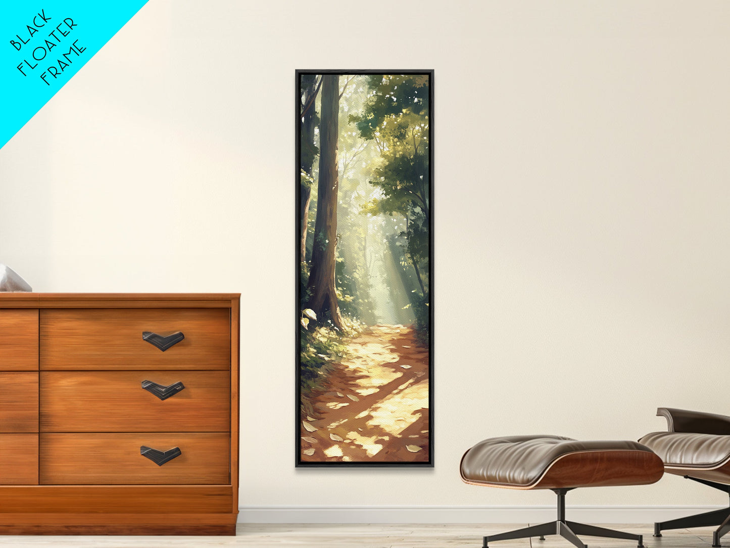 Forest Path, Sunlit Trees, Woodland Art, Framed Canvas Print, Landscape Painting, Tall Narrow Art, Rustic Décor