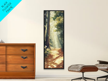 Forest Path, Sunlit Trees, Woodland Art, Framed Canvas Print, Landscape Painting, Tall Narrow Art, Rustic Décor