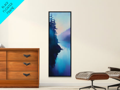 Misty Lake, forest at dusk painting, blue and green wall art, moody art, vertical wall art, pine tree art, framed canvas print