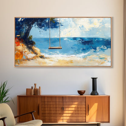 Beach Swing, Ocean Art, Coastal Landscape Art, Nautical Decor, Coastal Wall Art, Above Sofa Art, Canvas Print, Seascape Painting