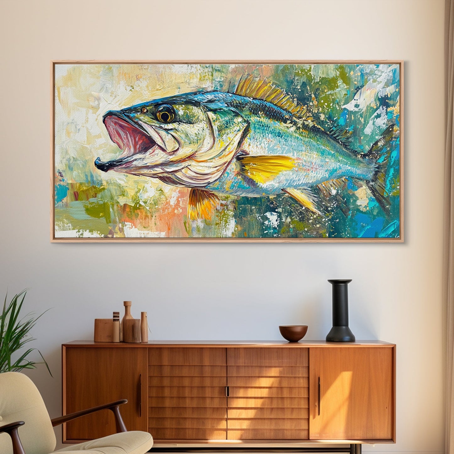 Fish Painting, Coastal Wall Art, Nautical Decor, Wildlife Painting, Fly Fishing Art, Extra Wide Art, Framed Canvas Print, Above Couch Art