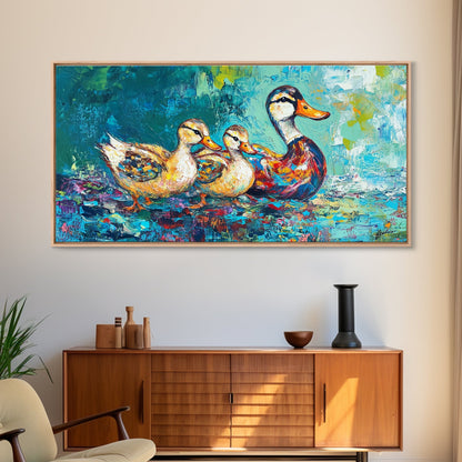 Entenfamilie, Vogelkunst, verspielte Kunst, türkisfarbene Wandbilder, Geschenkidee für sie, Landschaftsmalerei, extra breite Kunstwerke, gerahmter Leinwanddruck