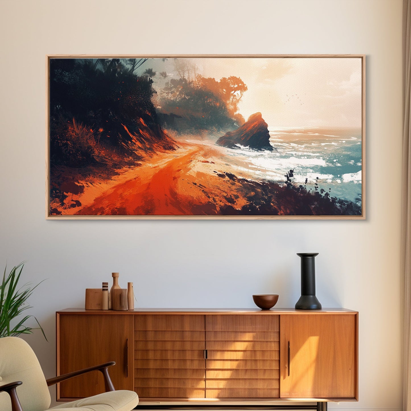 Coastal Road, southwest wall art, rustic decor, coastal landscape art, boho art, panoramic painting, gift idea for him, Canvas Print