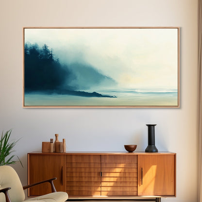 Nebelwald, Smoky-Mountain-Kunst, Kiefernkunst, stimmungsvolle Kunst, Wabi-Sabi-Wandkunst, grüne Wandkunst, Schlafzimmerkunst, gerahmter Leinwanddruck