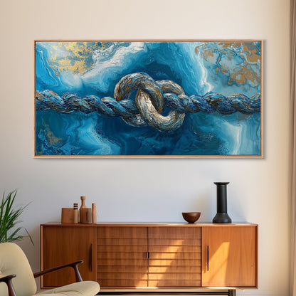 Ozeanseil, maritime Dekoration, blau-goldene Wandkunst, Küstenmalerei, Seestückmalerei, horizontale Wandkunst, gerahmter Leinwanddruck