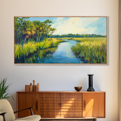 Marschlandschaft-Motiv, Palmenbild, tropische Landschaft, Küstendekor, grüne Wandkunst, rustikale Wandkunst, gerahmter Leinwanddruck