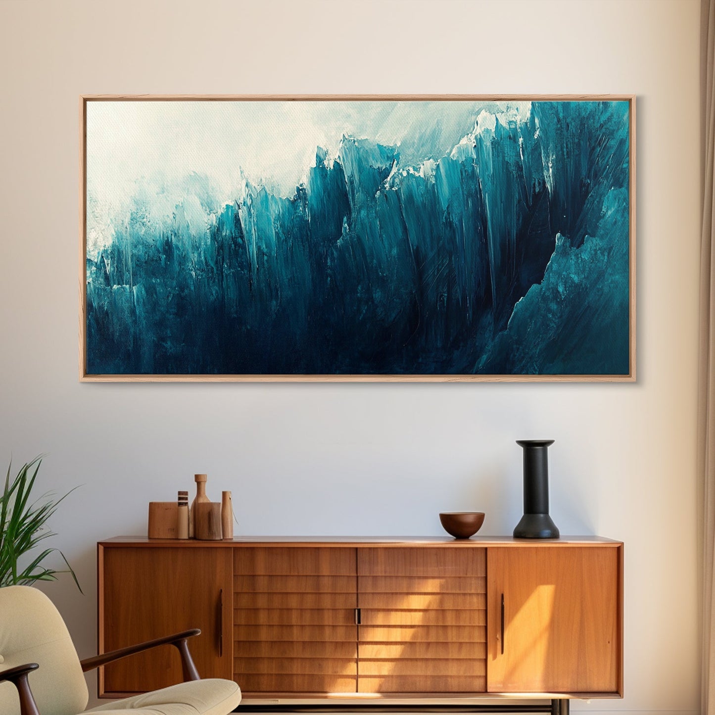 Abstract Ocean Painting, Teal Wall Art, Coastal Wall Art, Extra Wide Art, Framed Canvas Print, Nautical Decor, Wabi Sabi Art