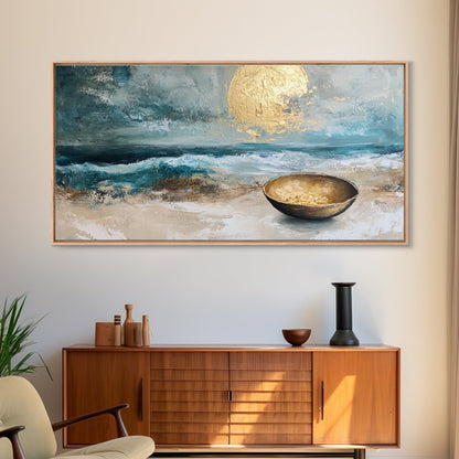 Golden Moon, coastal decor, ocean painting, nautical painting, seascape painting, framed canvas print, extra wide art