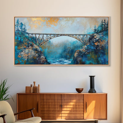 Stahlbrücke, Landschaftsmalerei, Berglandschaft, Panoramabild, gerahmter Leinwanddruck, Wandbild in Blau und Grün