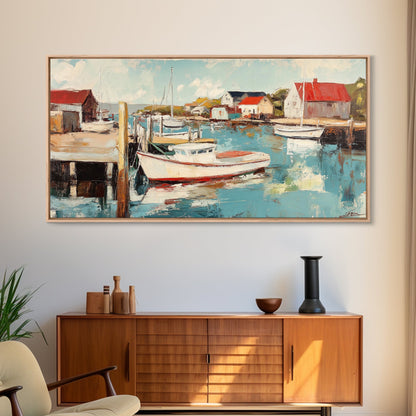 Hafenboote, Gemälde von Nantucket, Küstenmalerei, maritime Wandkunst, Fischergemälde, gerahmter Leinwanddruck, extra breites Kunstwerk