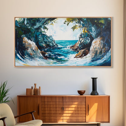 Ocean Cave, coastal landscape art, seascape painting, blue and green wall art, framed canvas print, extra wide art, beach painting