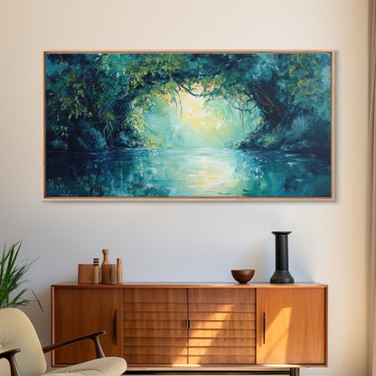 Mystischer Fluss, gerahmter Leinwanddruck, Landschaftsmalerei, stimmungsvolle Kunst, Wald in der Abenddämmerung, türkisfarbenes Wandbild, extra breites Bild