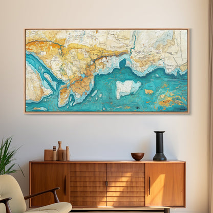Abstract Map Art, Coastal Decor, Nautical Painting, Extra Wide Art, Framed Canvas Print, Blue and Green Wall Art