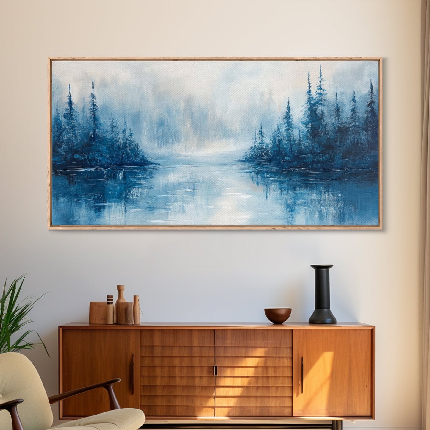 Neblige Seelandschaft, Stimmungsvolle Kunst, Kiefernlandschaft, Landschaftsgemälde, Gerahmter Leinwanddruck, Schlafzimmerkunst, Wandbild über dem Bett