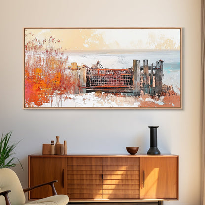 Rustic Dock, coastal decor, rustic art, farmhouse art, seascape painting, nautical painting, framed canvas print, extra wide art