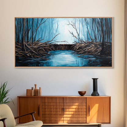 Biber, Fluss, Landschaftsmalerei, extrabreites Kunstwerk, Panoramabild, stimmungsvolle Kunst, gerahmter Leinwanddruck, rustikale Wandkunst, Schlafzimmerkunst