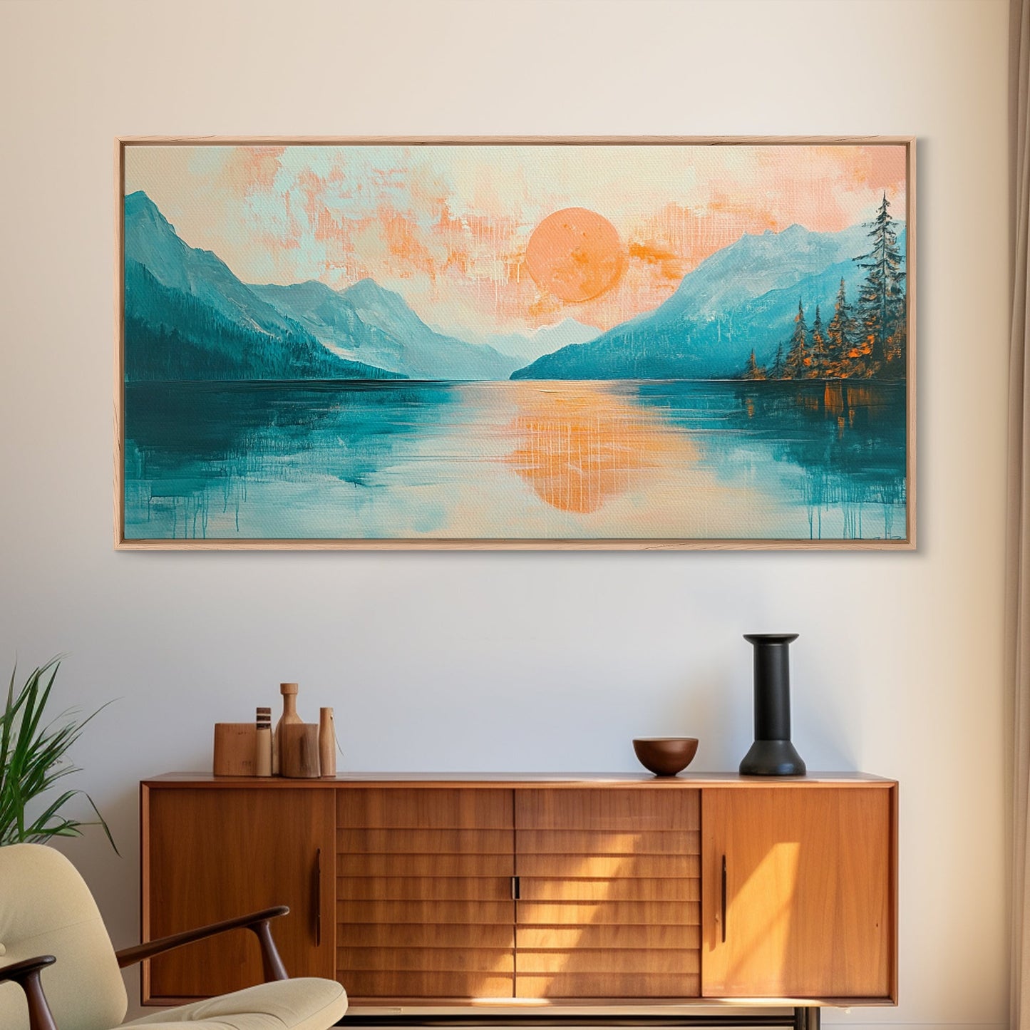Sunset Lake, Kunst vom Lake Tahoe, gerahmter Leinwanddruck, rosa-orange Wandbild, horizontales Wandbild, Seestück, Küstendeko