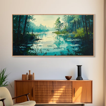 Tranquil lake, misty trees, landscape painting, extra wide art, wabi sabi art, minimalist art, framed canvas print, above couch art