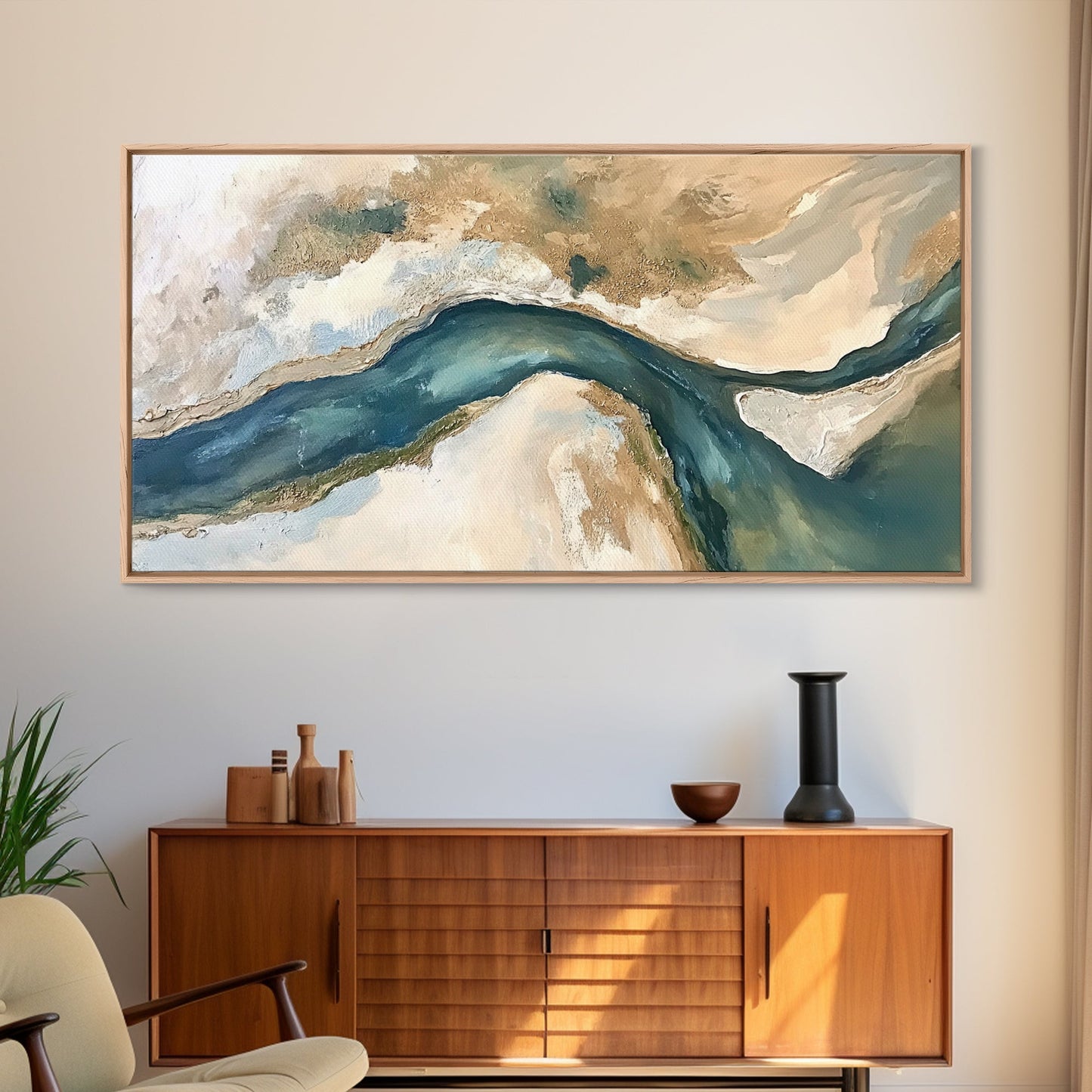 Abstrakter Fluss, neutrale Landschaft, Panoramabild, Leinwanddruck, Wabi-Sabi-Kunst, rustikale Wandkunst, Wandbild für über dem Bett, minimalistische Kunst