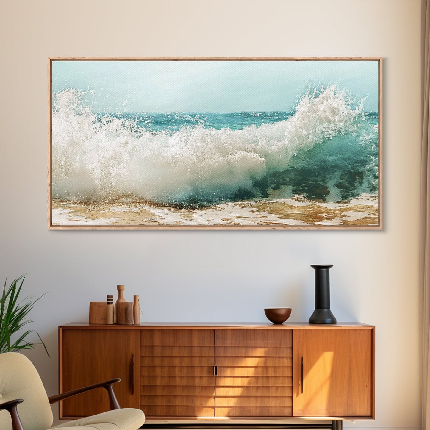 Meereswelle, Strandspritzer, Panoramabild, gerahmter Leinwanddruck, Surf-Wandbild, nautische Dekoration, Küsten-Wandbild, extra breites Bild