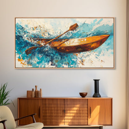 Nautical painting, boat painting, framed canvas print, extra wide art, seascape painting, rustic wall art, coastal wall art, ocean waves