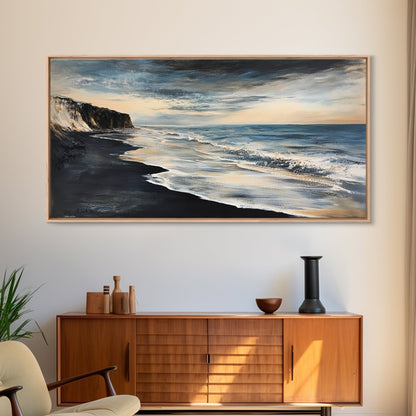 Moody beach, dark ocean, seascape painting, panoramic art, extra wide art, nautical painting, framed canvas print, above sofa art