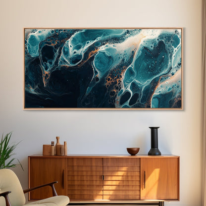 Abstract Fluid Art, moody art, blue and green wall art, wabi sabi art, extra wide art, horizontal wall art, Canvas Print
