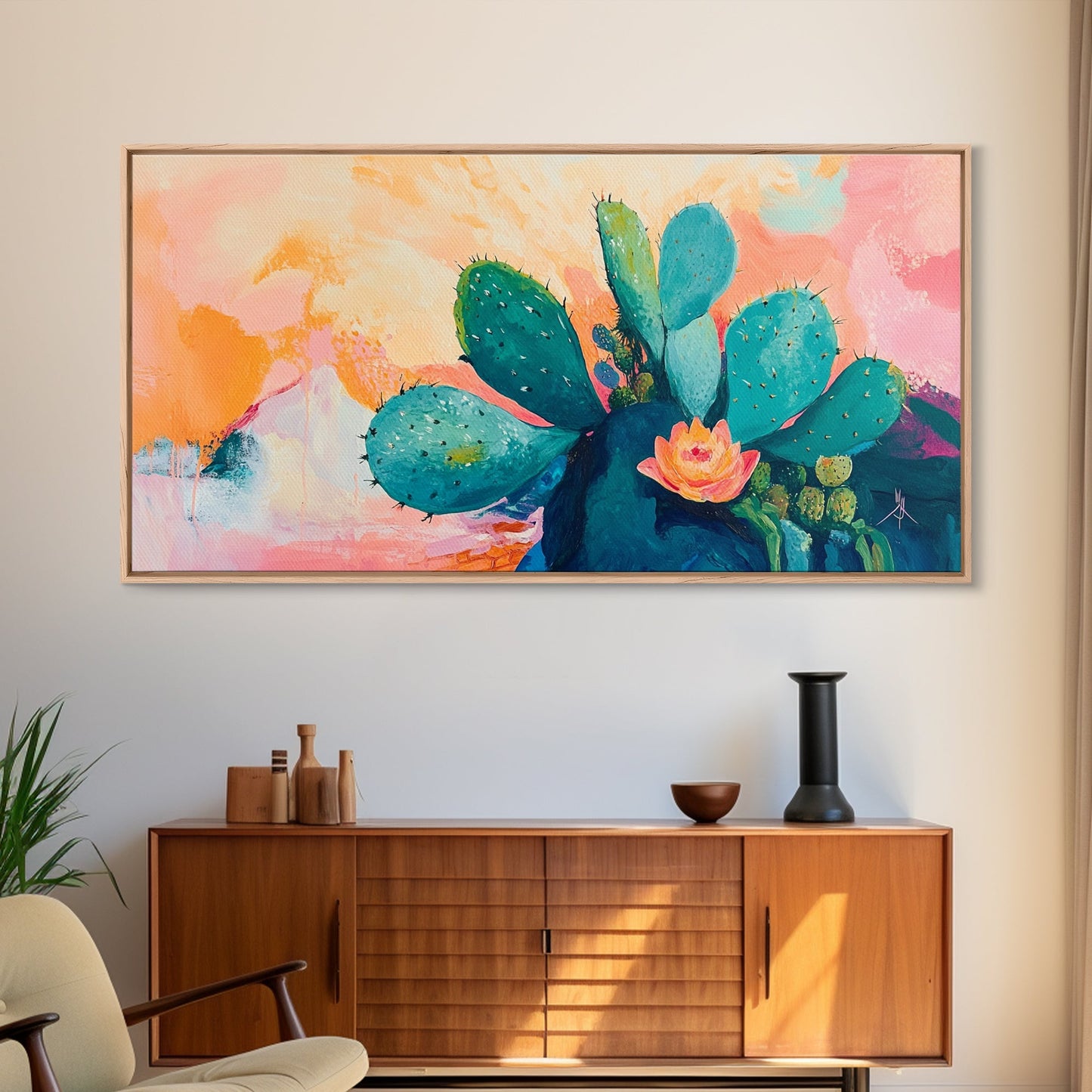 Prickly Pear Cactus, agave painting, southwest wall art, boho art, pink orange wall art, extra wide art, Framed Canvas Print