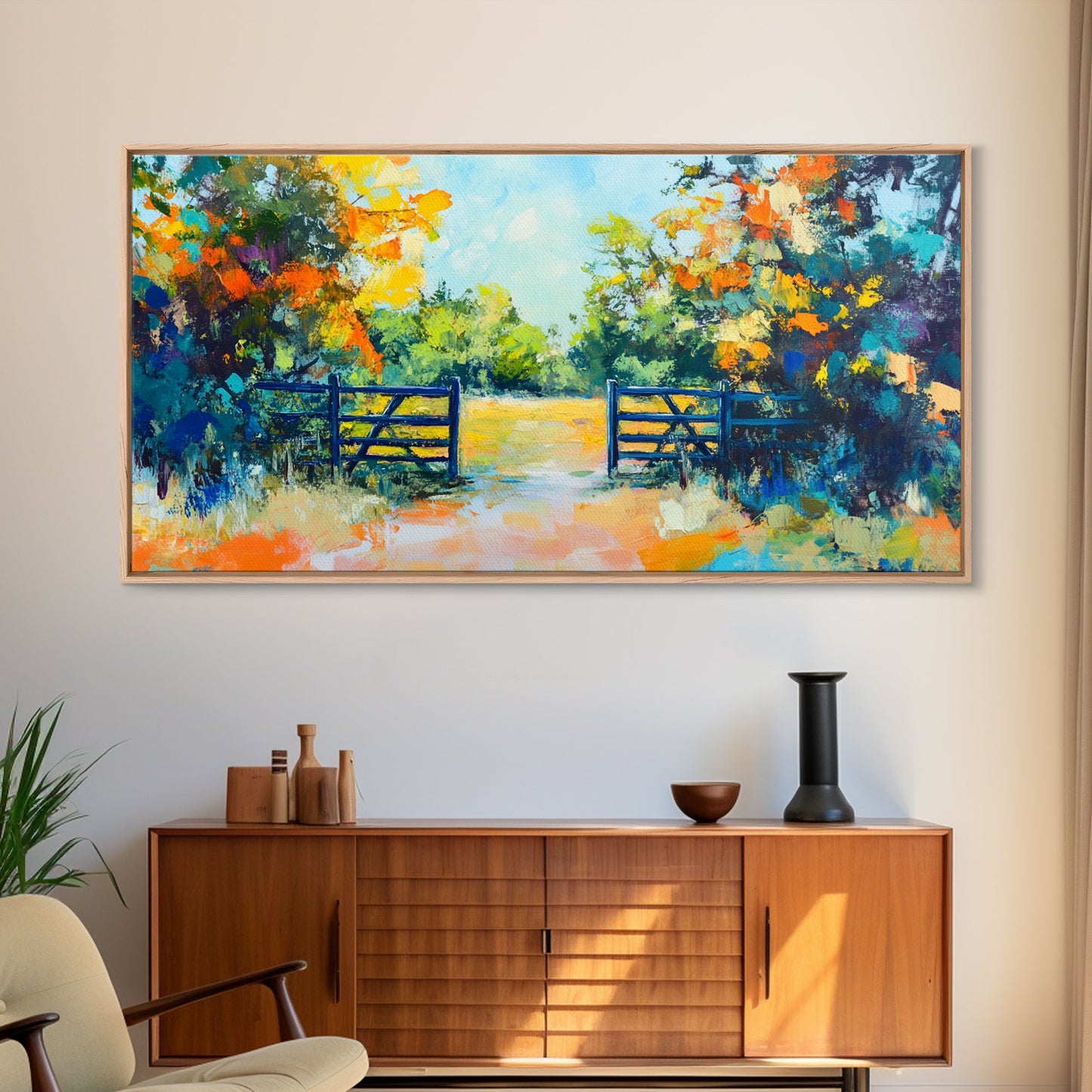 Open Gate, countryside painting, landscape art, framed canvas print, autumn wall art, farmhouse decor, rustic art, extra wide art