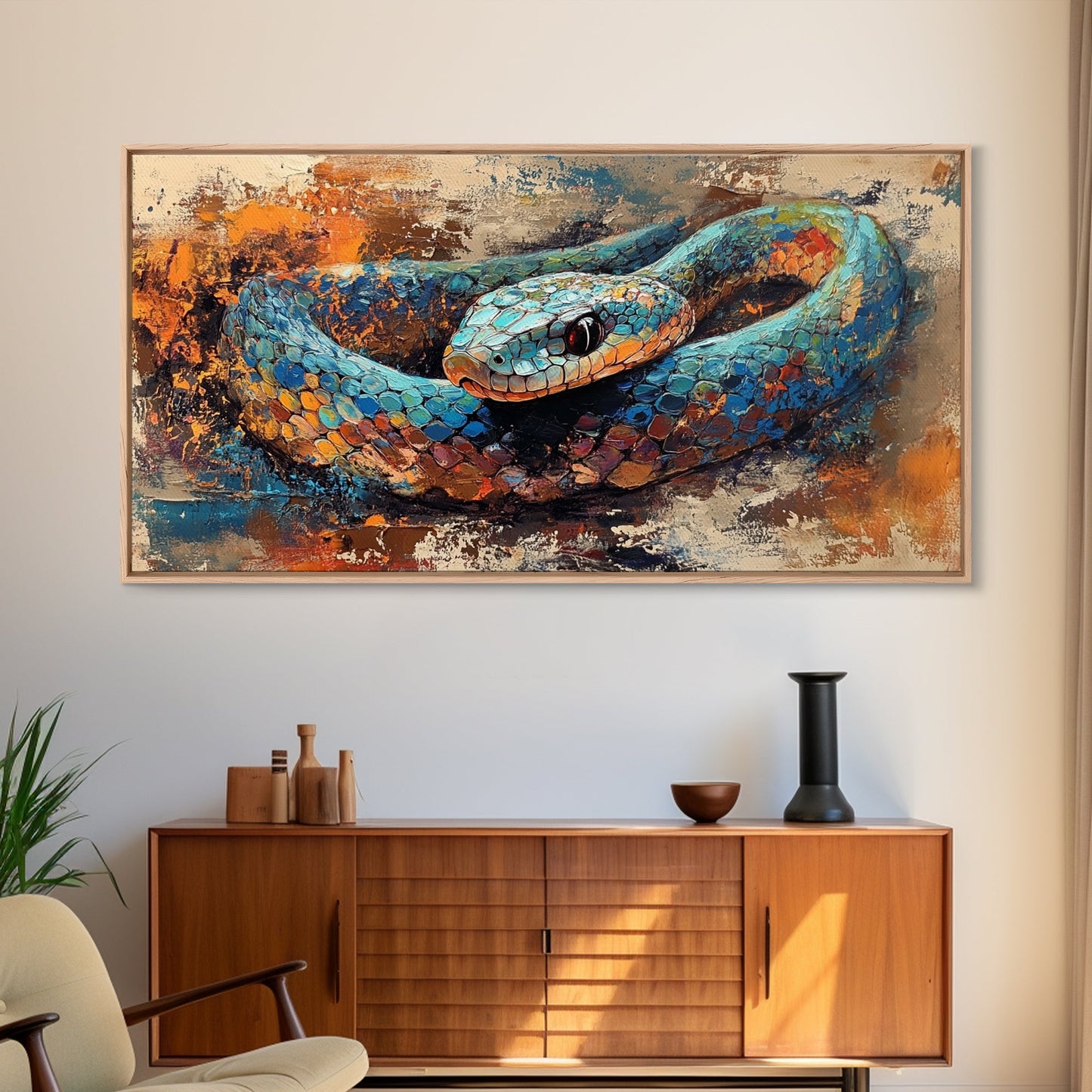 Blue Snake, abstract animal art, framed canvas print, moody art, wildlife painting, bold colors, rustic decor, modern wall art