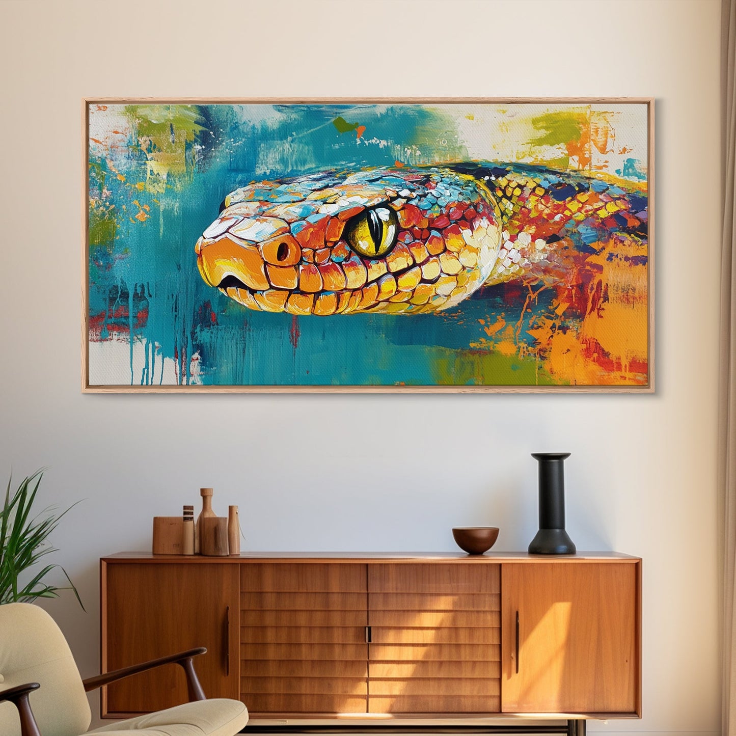 Colorful Snake, wildlife painting, framed canvas print, reptile wall art, bold abstract art, extra wide art, rustic decor