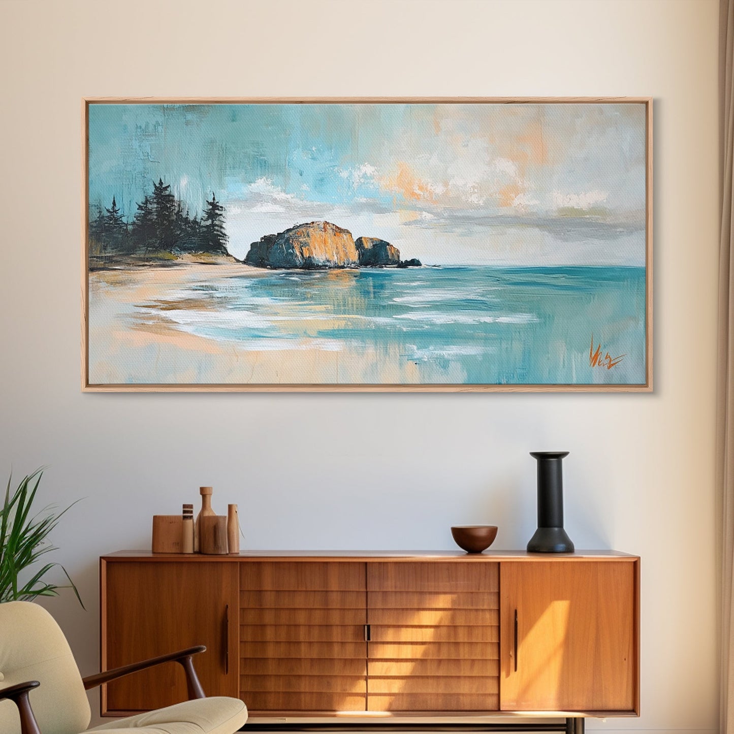 Ruhige Strandlandschaft, gerahmter Leinwanddruck, Küstenmalerei, Seestück, extra breites Kunstwerk, maritime Wandkunst, Schlafzimmerkunst