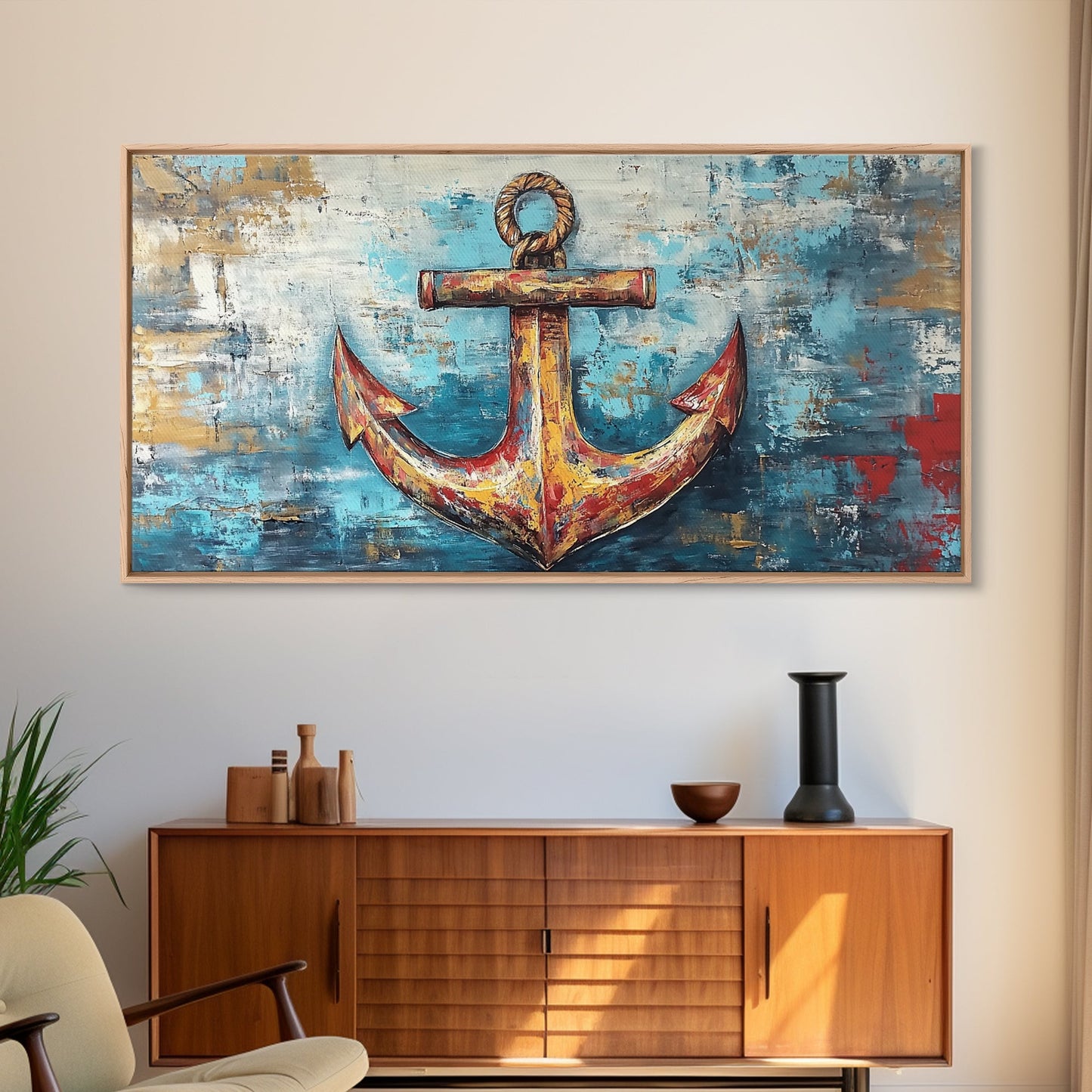 Nautischer Anker, Küstendeko, Rustikale Wandkunst, Extra breites Bild, Nautische Wandkunst, Horizontale Wandkunst, Gerahmter Leinwanddruck, Wohnzimmerkunst