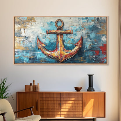 Nautischer Anker, Küstendeko, Rustikale Wandkunst, Extra breites Bild, Nautische Wandkunst, Horizontale Wandkunst, Gerahmter Leinwanddruck, Wohnzimmerkunst