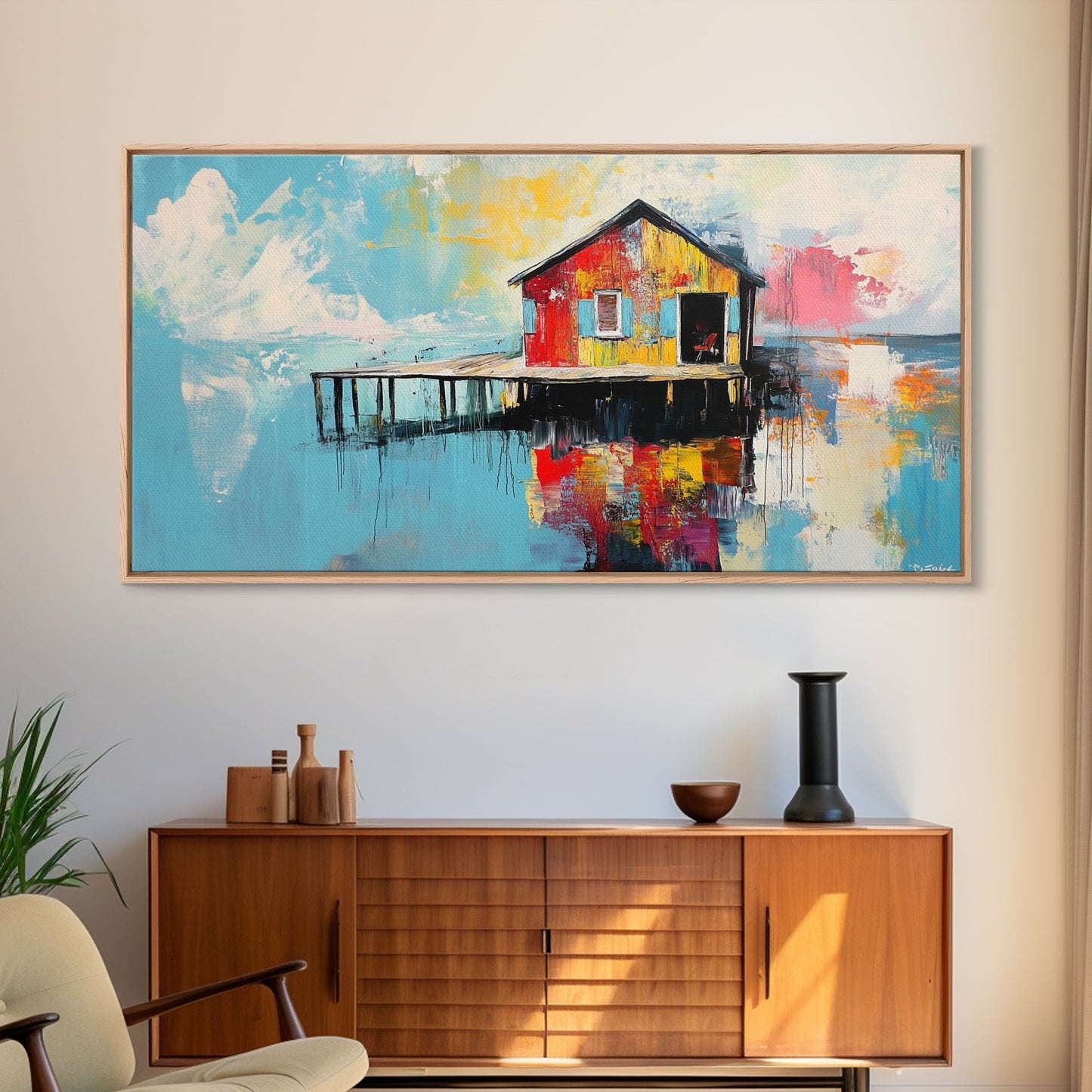 Colorful boathouse, lake reflection, coastal decor, seascape painting, nautical wall art, framed canvas print, extra wide art, gift idea