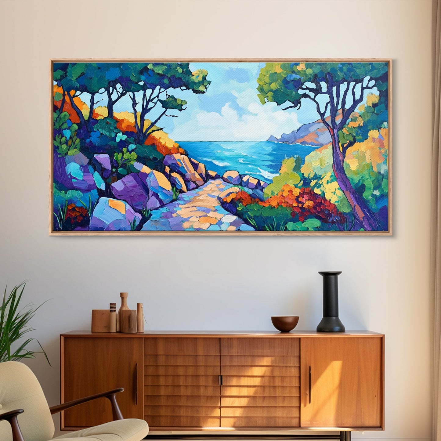 Coastal Pathway, bold colors, impressionist seascape, ocean view, vibrant painting, coastal wall art, Canvas Print, beach decor