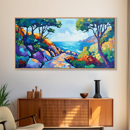 Coastal Pathway, bold colors, impressionist seascape, ocean view, vibrant painting, coastal wall art, Canvas Print, beach decor