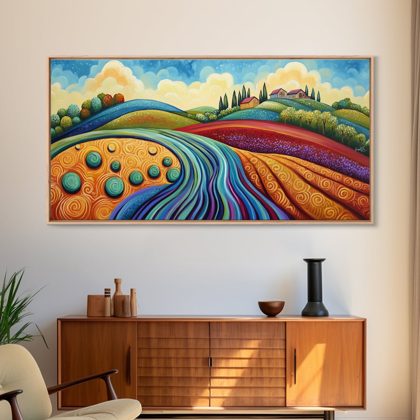 Whimsical Hills, rolling landscape, colorful fields, abstract nature, bold painting, extra wide art, Framed Canvas Print, rustic art