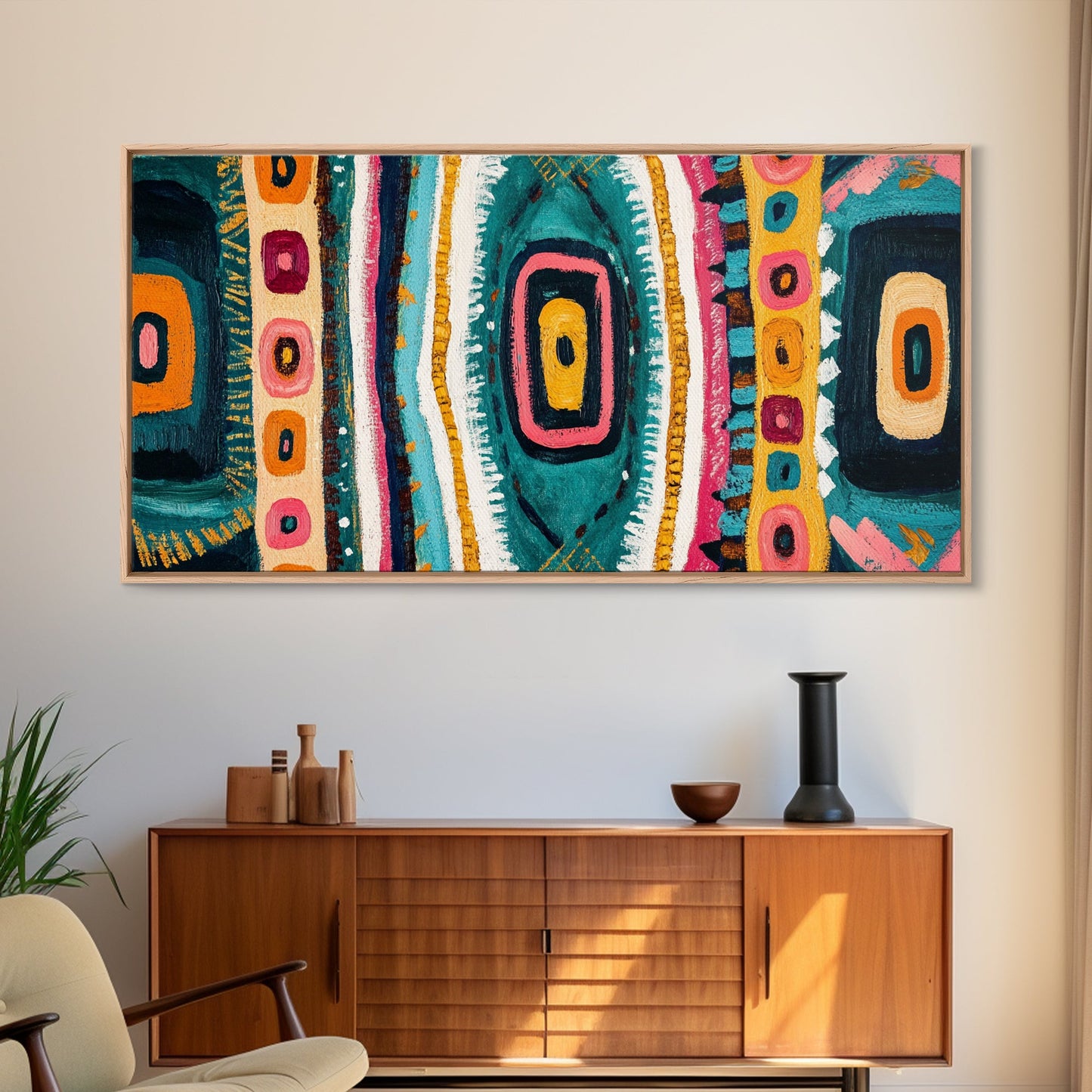 Geometric Abstract, bold colors, sacred geometry art, tribal design, vibrant patterns, extra wide art, Framed Canvas Print, boho art