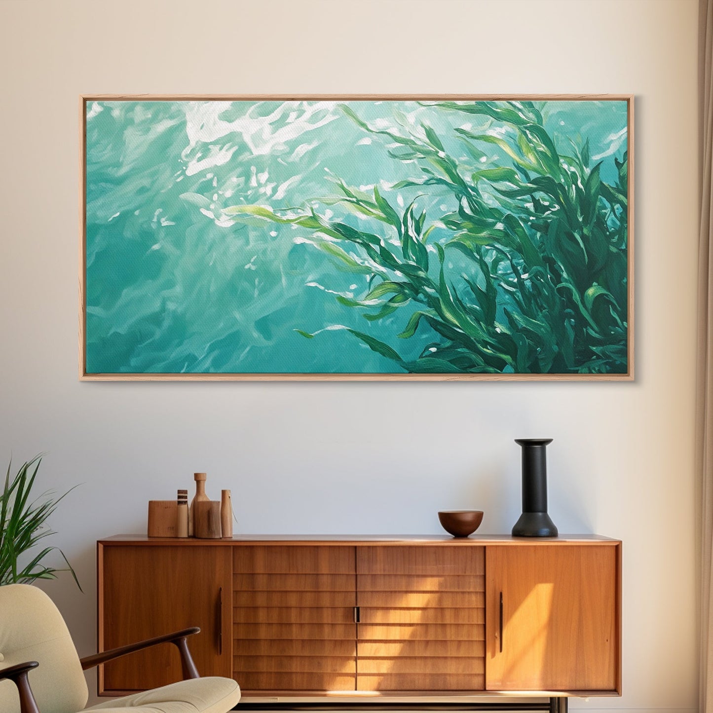 Kunst aus Kelpwäldern, Küstenlandschaften, maritime Wandbilder, gerahmte Leinwanddrucke, vom Meer inspirierte Kunstwerke, Wandbilder in Blau und Grün